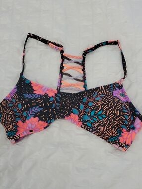 Floral Strappy-Back Bikini Top in  Black, Pink & Teal  Sz L